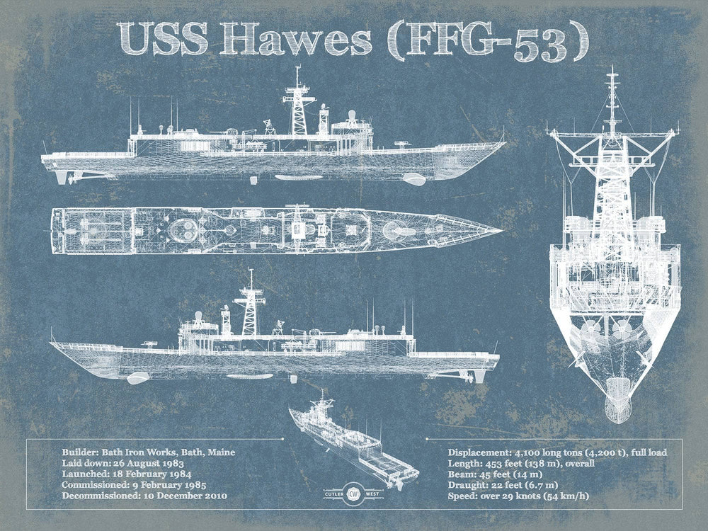 14" x 11" / Stretched Canvas Wrap Cutler West USS Hawes (FFG-53) Blueprint Original Military Wall Art - Customizable