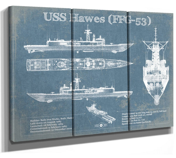 36" x 24" / 3 Panel Canvas Wrap Cutler West USS Hawes (FFG-53) Blueprint Original Military Wall Art - Customizable