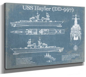 14" x 11" / Stretched Canvas Wrap Cutler West USS Hayler (DD-997) Blueprint Original Military Wall Art - Customizable