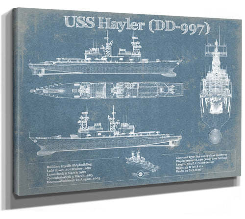 14" x 11" / Stretched Canvas Wrap Cutler West USS Hayler (DD-997) Blueprint Original Military Wall Art - Customizable