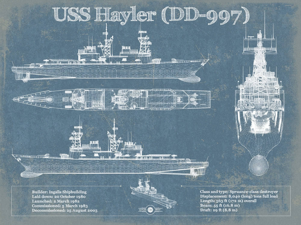 14" x 11" / Stretched Canvas Wrap Cutler West USS Hayler (DD-997) Blueprint Original Military Wall Art - Customizable
