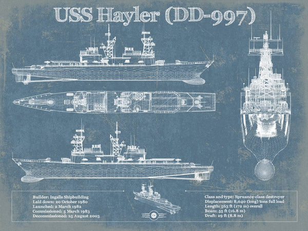 14" x 11" / Unframed Cutler West USS Hayler (DD-997) Blueprint Original Military Wall Art - Customizable
