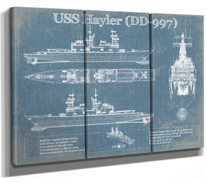 36" x 24" / 3 Panel Canvas Wrap Cutler West USS Hayler (DD-997) Blueprint Original Military Wall Art - Customizable