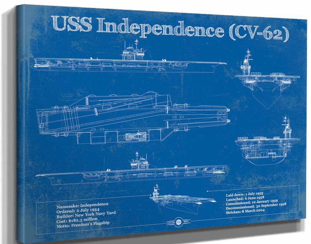14" x 11" / Stretched Canvas Wrap Cutler West USS Independence (CV-62) Aircraft Carrier Blueprint Original Military Wall Art - Customizable