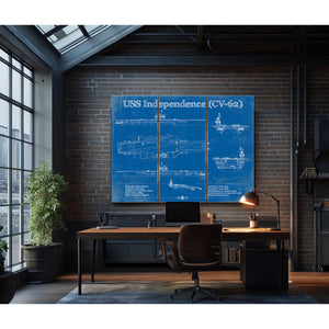 USS Independence Aircraft Carrier Print as a 3 panel canvas wrap in an industrial loft office