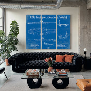USS Independence Aircraft Carrier Print as a 3 panel canvas wrap in a modern living room