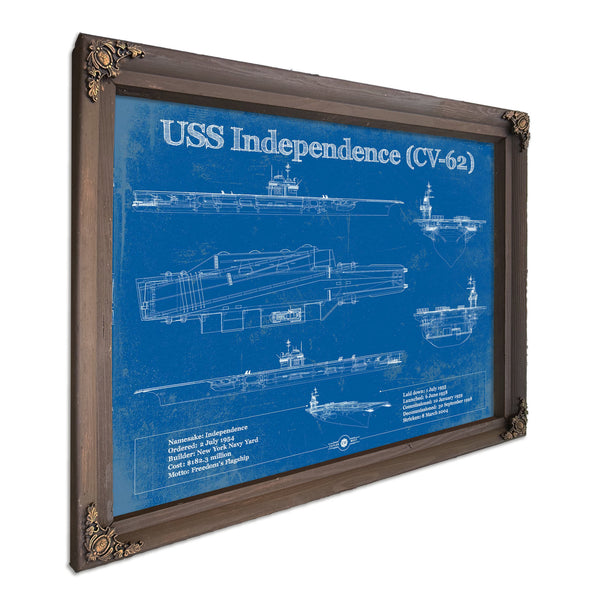 USS Independence Aircraft Carrier Print in a Bourbon stained wood frame with antique gold corners