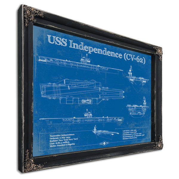 USS Independence Aircraft Carrier Print in a distressed Vintage Black wood frame with ornate corners