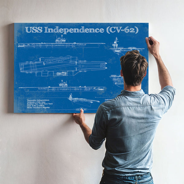 USS Independence Aircraft Carrier Print framed in Vintage Black above a mid-century record console