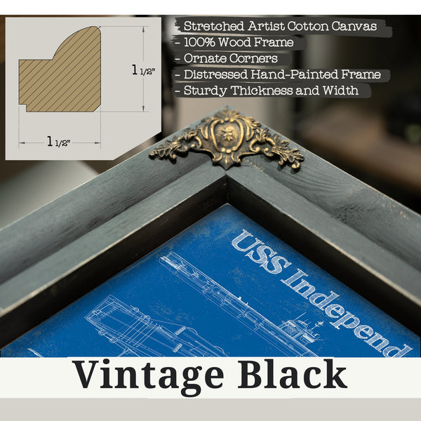 Vintage Black frame corner detail, 1.5 inch ornate wood moulding, USS Independence Aircraft Carrier Print