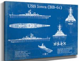 14" x 11" / Stretched Canvas Wrap Cutler West USS Iowa (BB-61) Battleship Blueprint Original Military Wall Art - Customizable