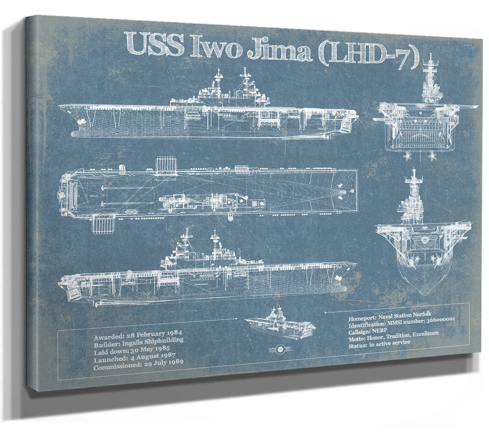 14" x 11" / Stretched Canvas Wrap Cutler West USS Iwo Jima (LHD-7) (USS Iwo Jima) Blueprint Original Military Wall Art - Customizable