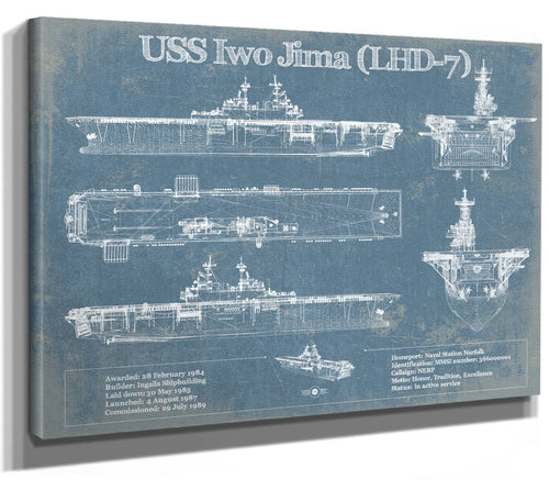 14" x 11" / Stretched Canvas Wrap Cutler West USS Iwo Jima (LHD-7) (USS Iwo Jima) Blueprint Original Military Wall Art - Customizable