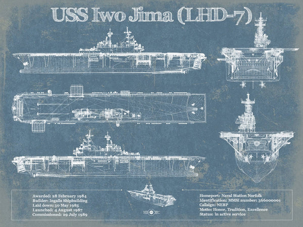 14" x 11" / Unframed Cutler West USS Iwo Jima (LHD-7) (USS Iwo Jima) Blueprint Original Military Wall Art - Customizable