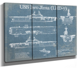 36" x 24" / 3 Panel Canvas Wrap Cutler West USS Iwo Jima (LHD-7) (USS Iwo Jima) Blueprint Original Military Wall Art - Customizable