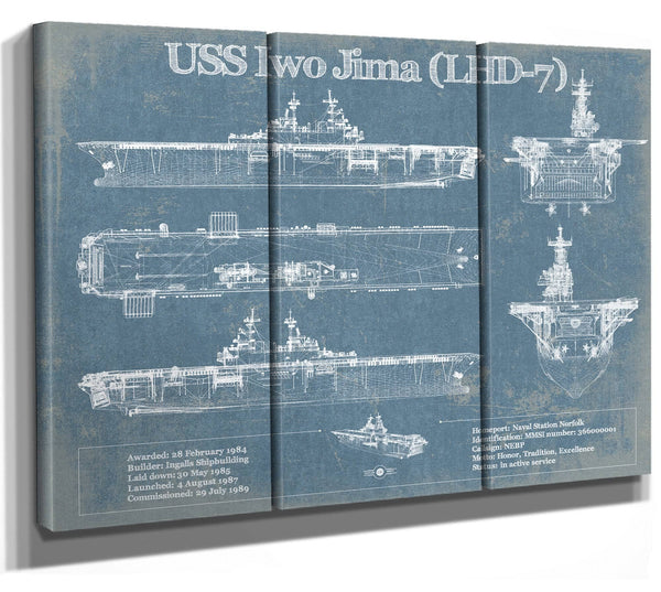 36" x 24" / 3 Panel Canvas Wrap Cutler West USS Iwo Jima (LHD-7) (USS Iwo Jima) Blueprint Original Military Wall Art - Customizable