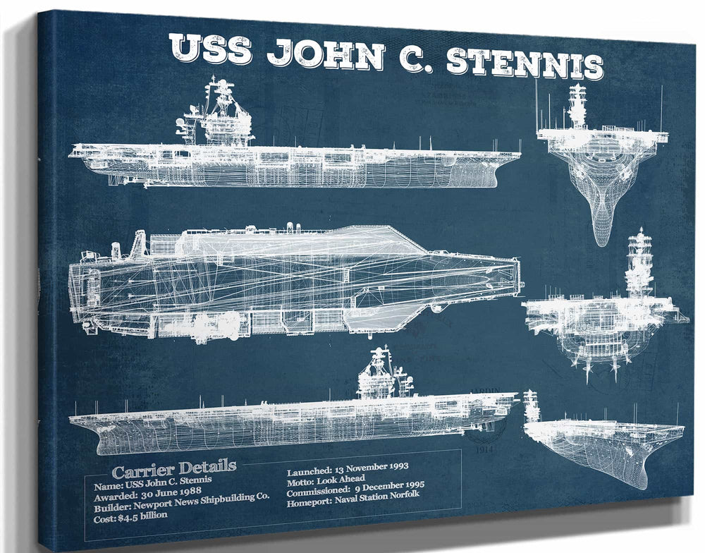 14" x 11" / Stretched Canvas Wrap Cutler West USS John C Stennis (CVN-74) Aircraft Carrier Blueprint Original Military Wall Art - Customizable