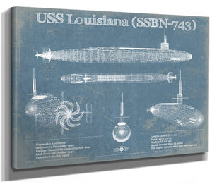 14" x 11" / Stretched Canvas Wrap Cutler West USS Louisiana (SSBN-743) Blueprint Original Military Wall Art - Customizable