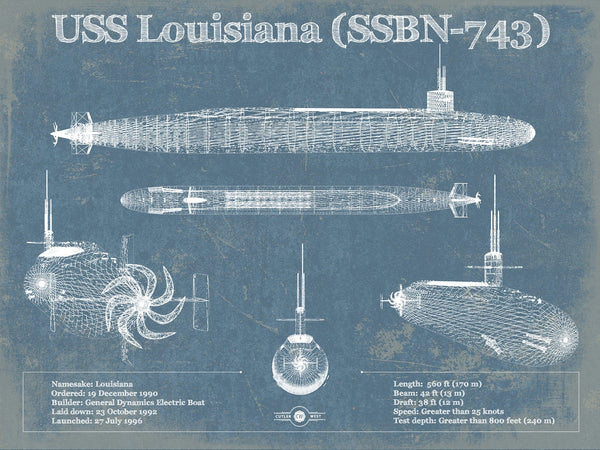 14" x 11" / Unframed Cutler West USS Louisiana (SSBN-743) Blueprint Original Military Wall Art - Customizable