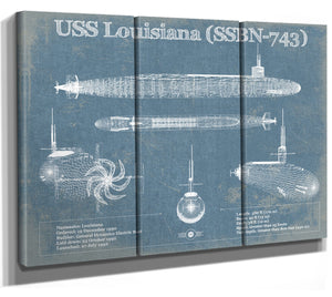 36" x 24" / 3 Panel Canvas Wrap Cutler West USS Louisiana (SSBN-743) Blueprint Original Military Wall Art - Customizable