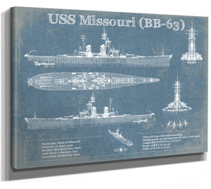 14" x 11" / Stretched Canvas Wrap Cutler West USS Missouri (BB-63) Blueprint Original Military Wall Art - Customizable