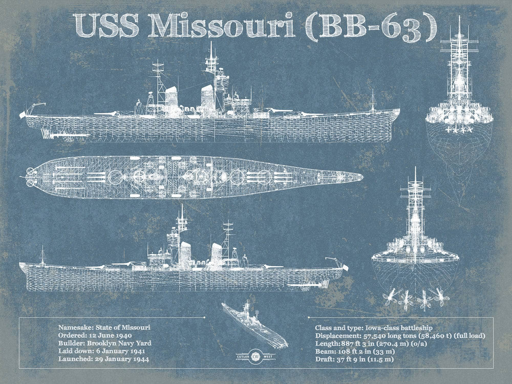 14" x 11" / Stretched Canvas Wrap Cutler West USS Missouri (BB-63) Blueprint Original Military Wall Art - Customizable