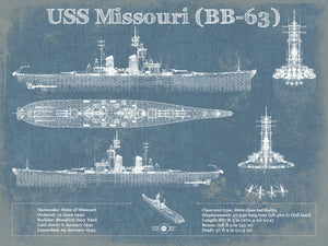 14" x 11" / Unframed Cutler West USS Missouri (BB-63) Blueprint Original Military Wall Art - Customizable