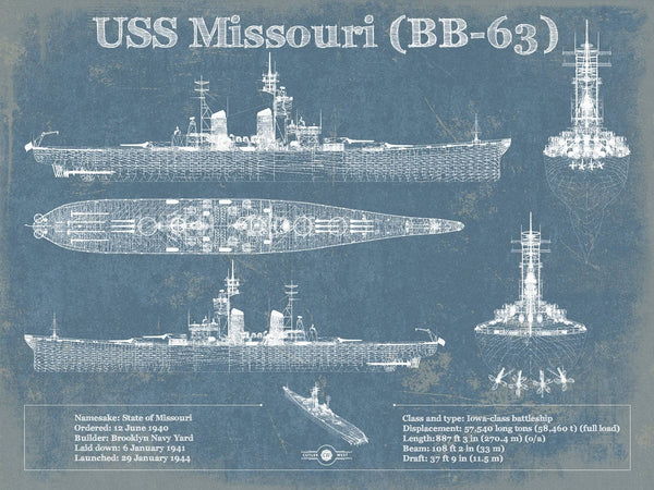 14" x 11" / Unframed Cutler West USS Missouri (BB-63) Blueprint Original Military Wall Art - Customizable