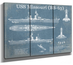 36" x 24" / 3 Panel Canvas Wrap Cutler West USS Missouri (BB-63) Blueprint Original Military Wall Art - Customizable