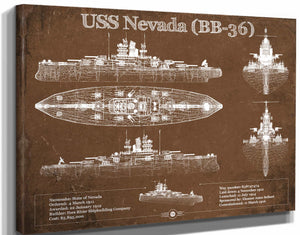 14" x 11" / Stretched Canvas Wrap Cutler West USS Nevada (BB-36) Battleship Blueprint Original Military Wall Art - Customizable