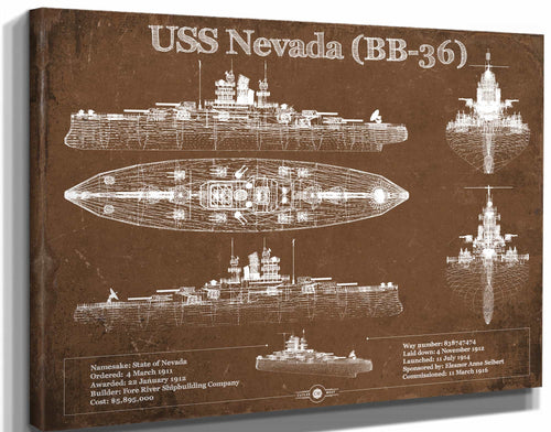 14" x 11" / Stretched Canvas Wrap Cutler West USS Nevada (BB-36) Battleship Blueprint Original Military Wall Art - Customizable