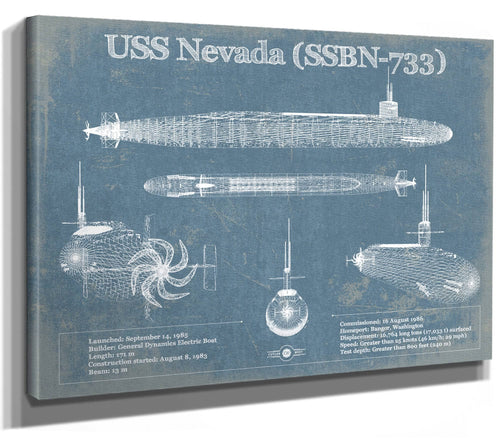 14" x 11" / Stretched Canvas Wrap Cutler West USS Nevada (SSBN-733) - Nuclear Ballistic Missile Submarine Blueprint Patent Original Art - Customizable