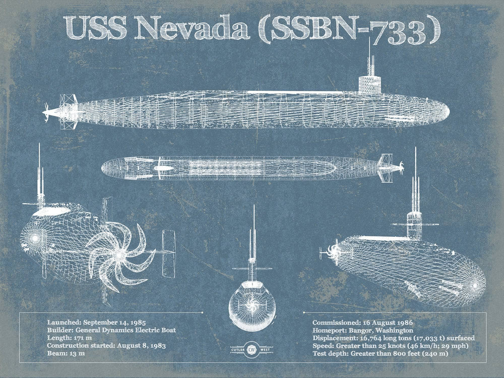 14" x 11" / Stretched Canvas Wrap Cutler West USS Nevada (SSBN-733) - Nuclear Ballistic Missile Submarine Blueprint Patent Original Art - Customizable