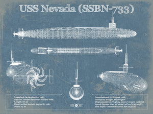 14" x 11" / Unframed Cutler West USS Nevada (SSBN-733) - Nuclear Ballistic Missile Submarine Blueprint Patent Original Art - Customizable