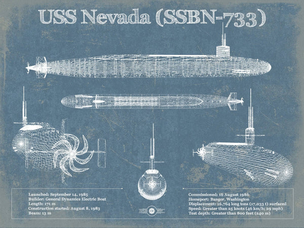 14" x 11" / Unframed Cutler West USS Nevada (SSBN-733) - Nuclear Ballistic Missile Submarine Blueprint Patent Original Art - Customizable