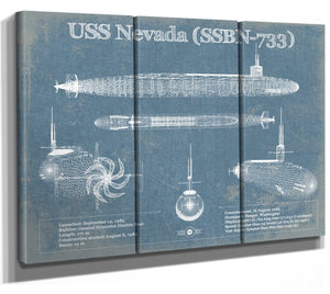 36" x 24" / 3 Panel Canvas Wrap Cutler West USS Nevada (SSBN-733) - Nuclear Ballistic Missile Submarine Blueprint Patent Original Art - Customizable
