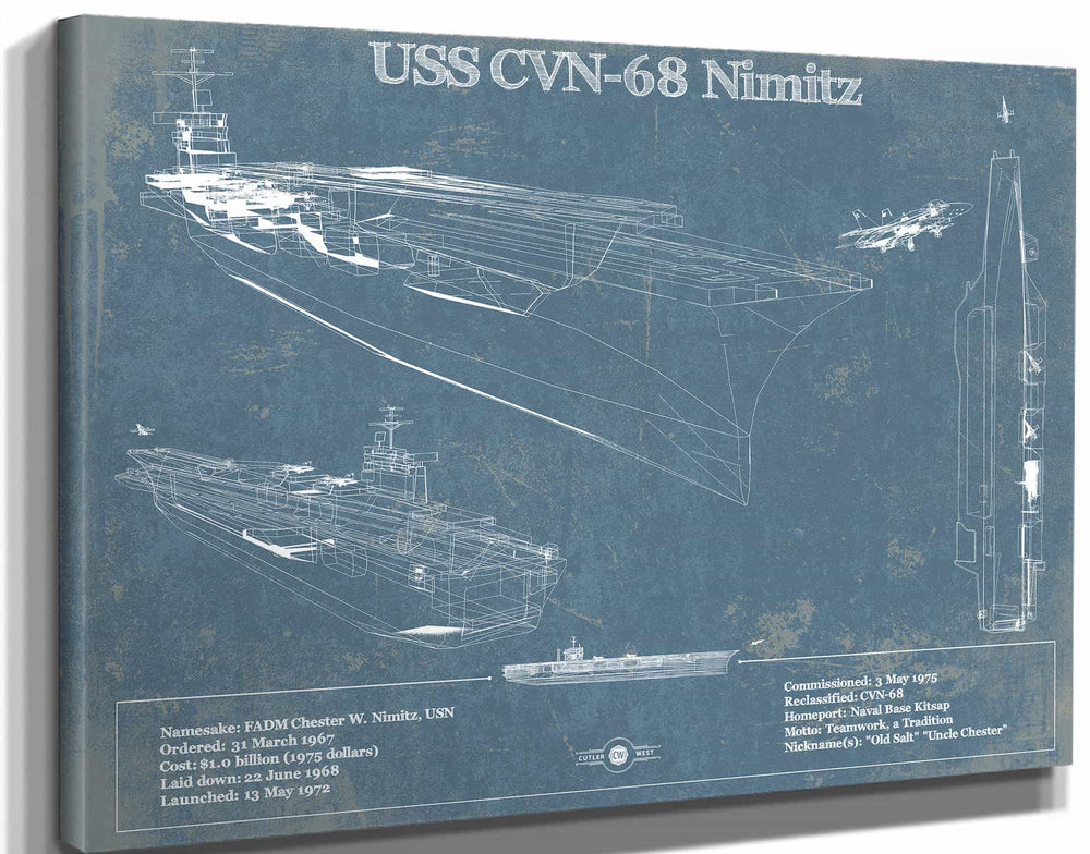 14" x 11" / Stretched Canvas Wrap Cutler West USS Nimitz CVN-68 Aircraft Carrier Blueprint Original Military