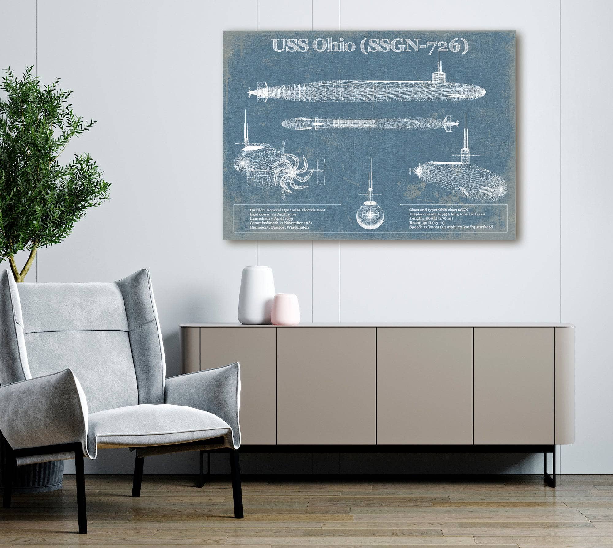 Cutler West USS Ohio (SSGN-726) Blueprint Original Military Wall Art - Customizable