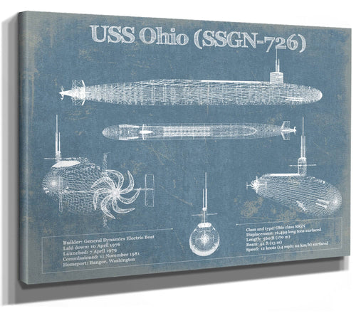 14" x 11" / Stretched Canvas Wrap Cutler West USS Ohio (SSGN-726) Blueprint Original Military Wall Art - Customizable