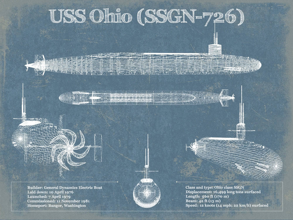 14" x 11" / Stretched Canvas Wrap Cutler West USS Ohio (SSGN-726) Blueprint Original Military Wall Art - Customizable