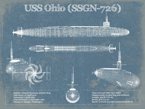 14" x 11" / Unframed Cutler West USS Ohio (SSGN-726) Blueprint Original Military Wall Art - Customizable