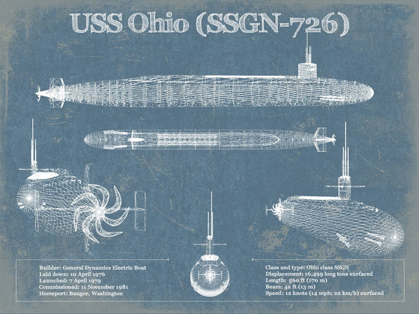 14" x 11" / Unframed Cutler West USS Ohio (SSGN-726) Blueprint Original Military Wall Art - Customizable