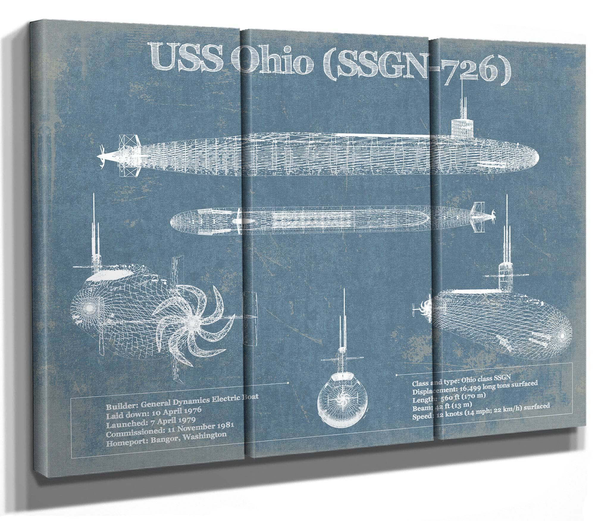 36" x 24" / 3 Panel Canvas Wrap Cutler West USS Ohio (SSGN-726) Blueprint Original Military Wall Art - Customizable