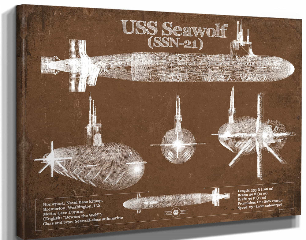 14" x 11" / Stretched Canvas Wrap Cutler West USS Seawolf (SSN-21) Blueprint Original Military Wall Art - Customizable
