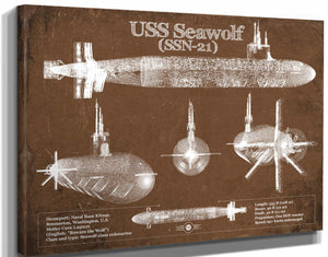 14" x 11" / Stretched Canvas Wrap Cutler West USS Seawolf (SSN-21) Blueprint Original Military Wall Art - Customizable