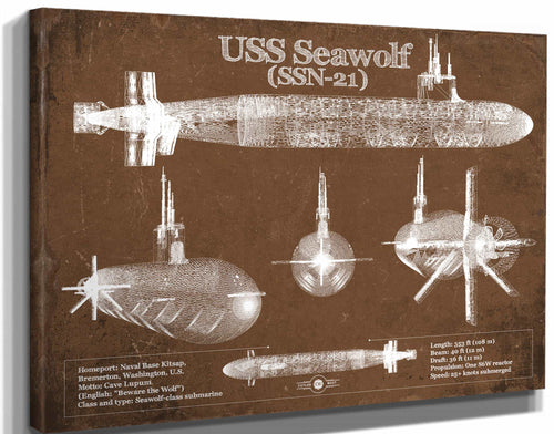 14" x 11" / Stretched Canvas Wrap Cutler West USS Seawolf (SSN-21) Blueprint Original Military Wall Art - Customizable
