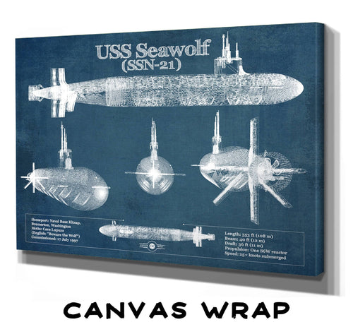 14" x 11" / Stretched Canvas Wrap Cutler West USS Seawolf (SSN-21) Blueprint Original Military Wall Art