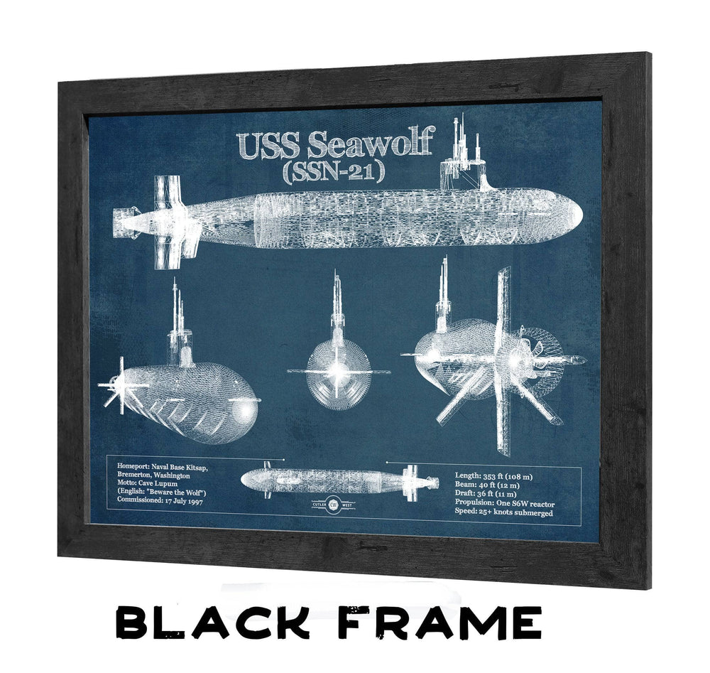 14" x 11" / Stretched Canvas Wrap Cutler West USS Seawolf (SSN-21) Blueprint Original Military Wall Art