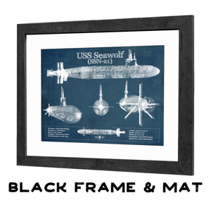 20" x 16" / Black Frame & Mat Cutler West USS Seawolf (SSN-21) Blueprint Original Military Wall Art