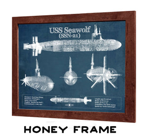 20" x 16" / Walnut Frame Cutler West USS Seawolf (SSN-21) Blueprint Original Military Wall Art